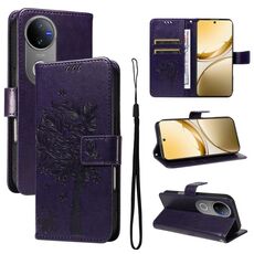 Per vivo V50 5G Custodia per telefono in pelle con motivo a rilievo albero e gatto globale (viola)