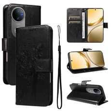 Per vivo V50 5G Custodia per telefono in pelle con motivo in rilievo albero e gatto globale (nero)