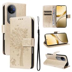Per vivo V50 5G Custodia per telefono in pelle con motivo a rilievo albero e gatto globale (oro)