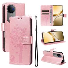 Per vivo V50 5G Custodia per telefono in pelle con motivo a rilievo albero e gatto globale (oro rosa)