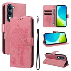 Per vivo Y29S 5G / Y04 Custodia in pelle con motivo in rilievo albero e gatto (rosa)
