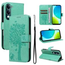 Per vivo Y29S 5G / Y04 Custodia in pelle con motivo in rilievo albero e gatto (verde)