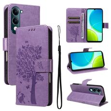 Per vivo Y29S 5G / Y04 Custodia in pelle con motivo in rilievo albero e gatto (viola chiaro)