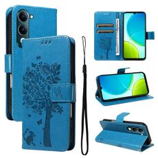 Per vivo Y29S 5G / Y04 Custodia in pelle con motivo in rilievo albero e gatto (blu)
