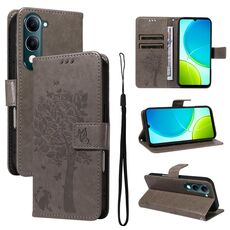 Per vivo Y29S 5G / Y04 Custodia in pelle con motivo in rilievo a forma di albero e gatto (grigio)