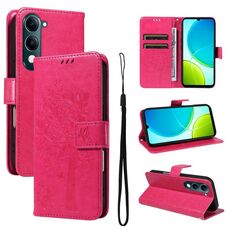 Per vivo Y29S 5G / Y04 Custodia in pelle con motivo in rilievo a forma di albero e gatto (rosso rosa)