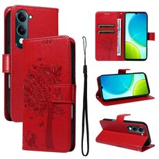 Per vivo Y29S 5G / Y04 Custodia in pelle con motivo in rilievo albero e gatto (rosso)