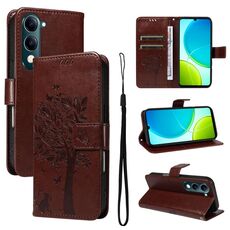 Per vivo Y29S 5G / Y04 Custodia in pelle con motivo in rilievo albero e gatto (caffè)