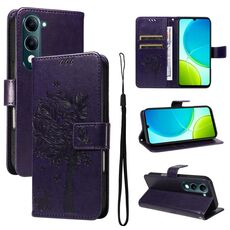 Per vivo Y29S 5G / Y04 Custodia in pelle con motivo in rilievo a forma di albero e gatto (viola)