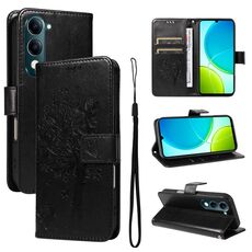 Per vivo Y29S 5G / Y04 Custodia in pelle con motivo in rilievo albero e gatto (nero)