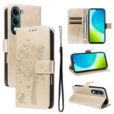 Per vivo Y29S 5G / Y04 Custodia in pelle con motivo in rilievo albero e gatto (oro)