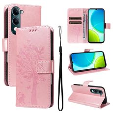 Per vivo Y29S 5G / Y04 Custodia in pelle con motivo in rilievo a forma di albero e gatto (oro rosa)