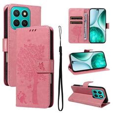 Per Honor X8C 4G Custodia per telefono in pelle con motivo a rilievo albero e gatto globale (rosa)