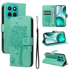 Custodia per telefono in pelle con motivo a rilievo per Honor X8C 4G Global Tree & Cat (verde)