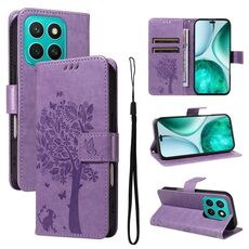 Custodia per telefono in pelle con motivo a rilievo per Honor X8C 4G Global Tree & Cat (viola chiaro)
