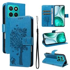 Per Honor X8C 4G Custodia per telefono in pelle con motivo a rilievo albero e gatto globale (blu)