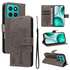 Per Honor X8C 4G Custodia per telefono in pelle con motivo in rilievo albero e gatto (grigio)