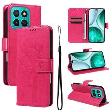 Per Honor X8C 4G Custodia per telefono in pelle con motivo in rilievo albero e gatto (rosso rosa)