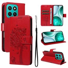 Custodia per telefono in pelle con motivo a rilievo per Honor X8C 4G Global Tree & Cat (rosso)