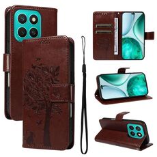 Custodia per telefono in pelle con motivo a rilievo per Honor X8C 4G Global Tree & Cat (caffè)