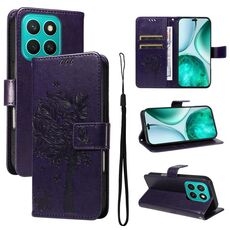 Per Honor X8C 4G Custodia per telefono in pelle con motivo a rilievo albero e gatto (viola)