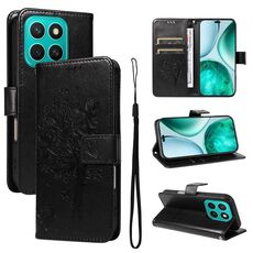 Per Honor X8C 4G Custodia per telefono in pelle con motivo a rilievo albero e gatto globale (nero)