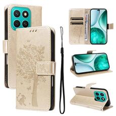 Per Honor X8C 4G Custodia per telefono in pelle con motivo a rilievo albero e gatto globale (oro)
