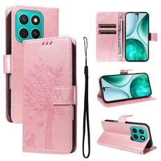Custodia per telefono in pelle con motivo a rilievo albero e gatto per Honor X8C 4G (oro rosa)
