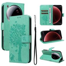 Per Xiaomi 15 Ultra 5G Custodia per telefono in pelle con motivo in rilievo albero e gatto (verde)