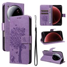 Per Xiaomi 15 Ultra 5G Custodia per telefono in pelle con motivo in rilievo albero e gatto (viola chiaro)