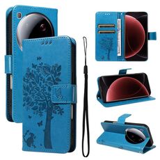 Per Xiaomi 15 Ultra 5G Custodia per telefono in pelle con motivo a rilievo albero e gatto globale (blu)