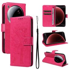 Per Xiaomi 15 Ultra 5G Custodia per telefono in pelle con motivo in rilievo albero e gatto (rosso rosa)