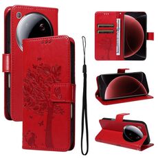 Per Xiaomi 15 Ultra 5G Custodia per telefono in pelle con motivo a rilievo albero e gatto globale (rosso)