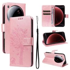 Per Xiaomi 15 Ultra 5G Custodia per telefono in pelle con motivo in rilievo albero e gatto (oro rosa)