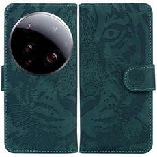 Per Xiaomi 15 Ultra Custodia in pelle con motivo a rilievo Tiger Flip (verde)