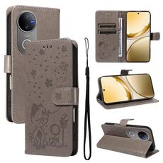 Custodia a libro in pelle con stampa gatto e ape per vivo V50 5G (grigio)