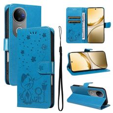 Custodia a libro in pelle con motivo gatto e ape per vivo V50 5G (blu)