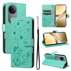 Custodia a libro in pelle con motivo gatto e ape per vivo V50 5G (verde)