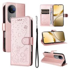 Custodia a libro in pelle con stampa gatto e ape per vivo V50 5G (oro rosa)