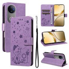 Custodia a libro in pelle con motivo gatto e ape per vivo V50 5G (viola)