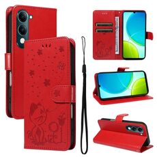 Custodia a libro in pelle con stampa gatto e ape per vivo Y29S 5G / Y04 (rossa)