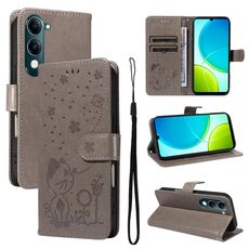 Custodia a libro in pelle con stampa gatto e ape per vivo Y29S 5G / Y04 (grigio)