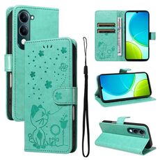 Custodia in pelle con stampa gatto e ape per vivo Y29S 5G / Y04 (verde)