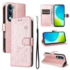 Custodia in pelle con stampa gatto e ape per vivo Y29S 5G / Y04 (oro rosa)