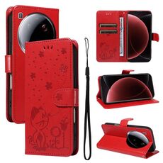Per Xiaomi 15 Ultra 5G Custodia per telefono in pelle con stampa a forma di gatto e ape (rossa)