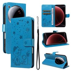 Per Xiaomi 15 Ultra 5G Custodia per telefono in pelle con stampa a forma di gatto e ape (blu)