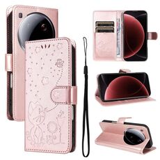 Per Xiaomi 15 Ultra 5G Custodia per telefono in pelle con stampa a forma di gatto e ape (oro rosa)