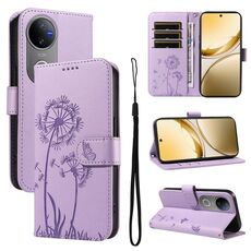 Custodia a libro in pelle con motivo a dente di leone in rilievo per vivo V50 5G (viola)