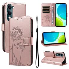 Custodia a libro in pelle con motivo a dente di leone in rilievo per vivo Y29S 5G / Y04 (oro rosa)