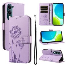 Custodia a libro in pelle con motivo a dente di leone in rilievo per vivo Y29S 5G / Y04 (viola)